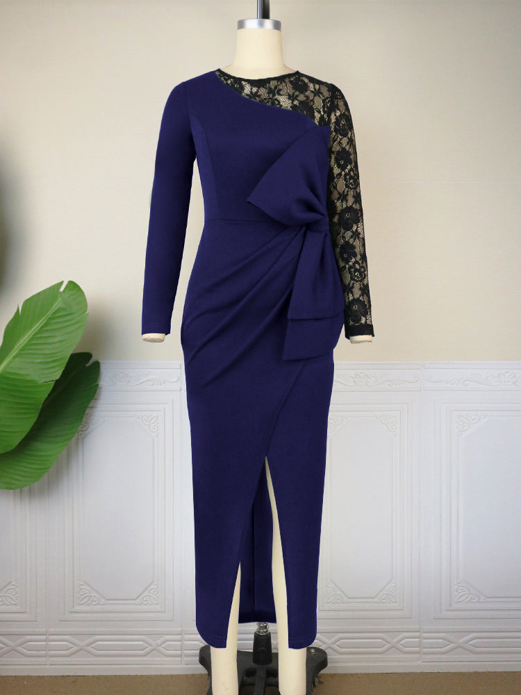 Damen elegantes Etuikleid mit aufwendigem Spitzenärmel und drapiertem Saum Echo Archiv