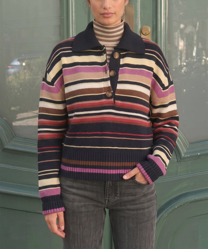 Damen Gestreifter Strickpullover mit Polokragen & Knopfleiste Echoarchiv