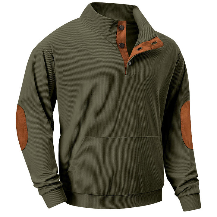 Herren Strukturiertes Ripp-Henley-Sweatshirt mit Stehkragen, Kängurutasche & Velours-Ellbogenpatches – Cavarno