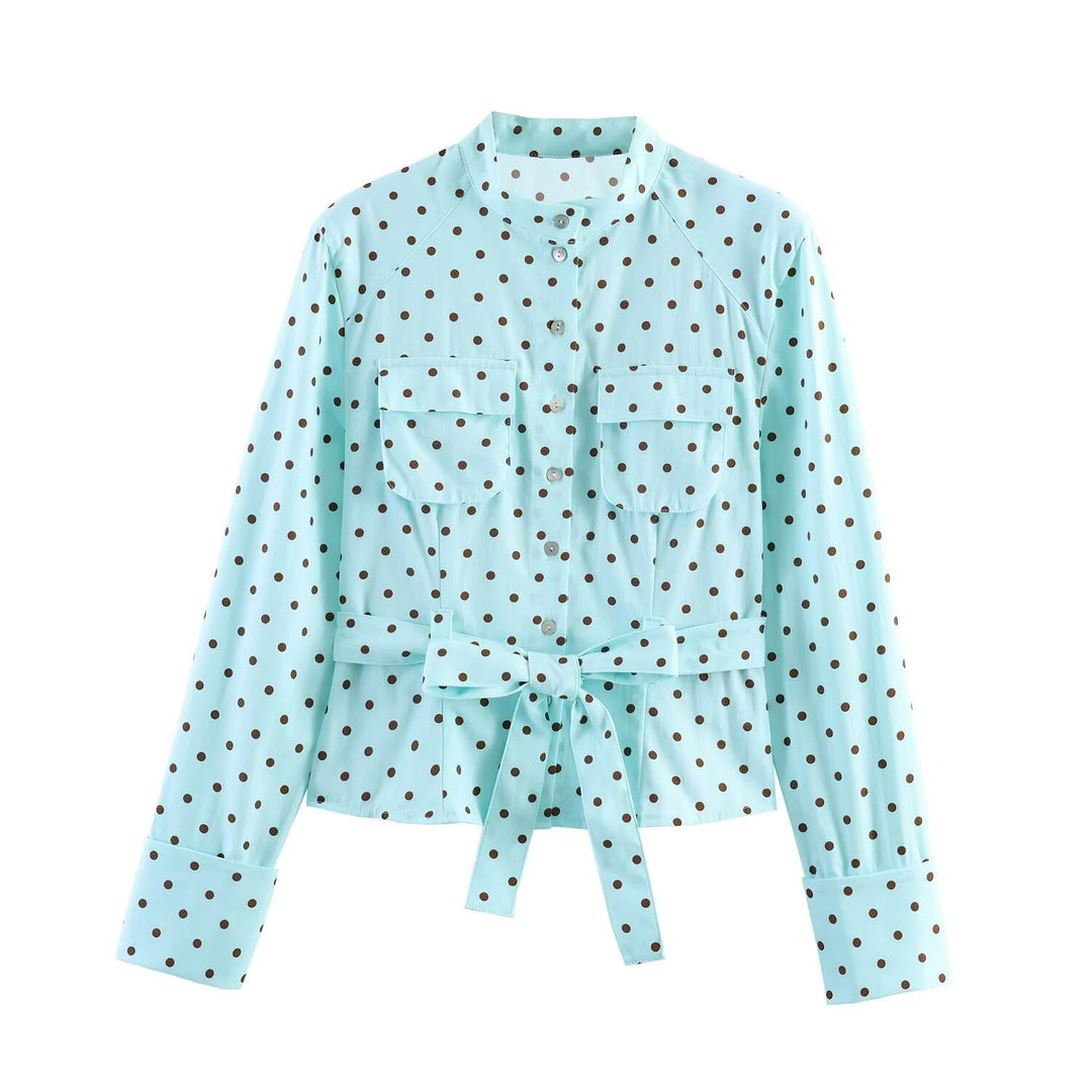 Damen Gepunktete Taillierte Blusenjacke mit Stehkragen, Brusttaschen und Taillenband Echo Archiv