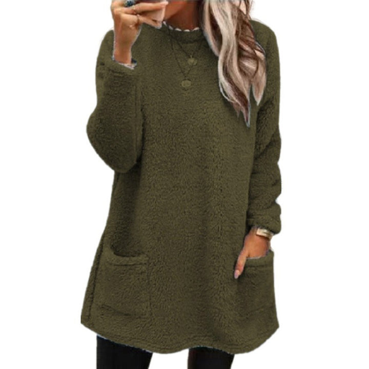 Damen nan kuscheliger langer Teddy-Pullover Oversize mit Rundhalsausschnitt und Eingrifftaschen Echo Archiv