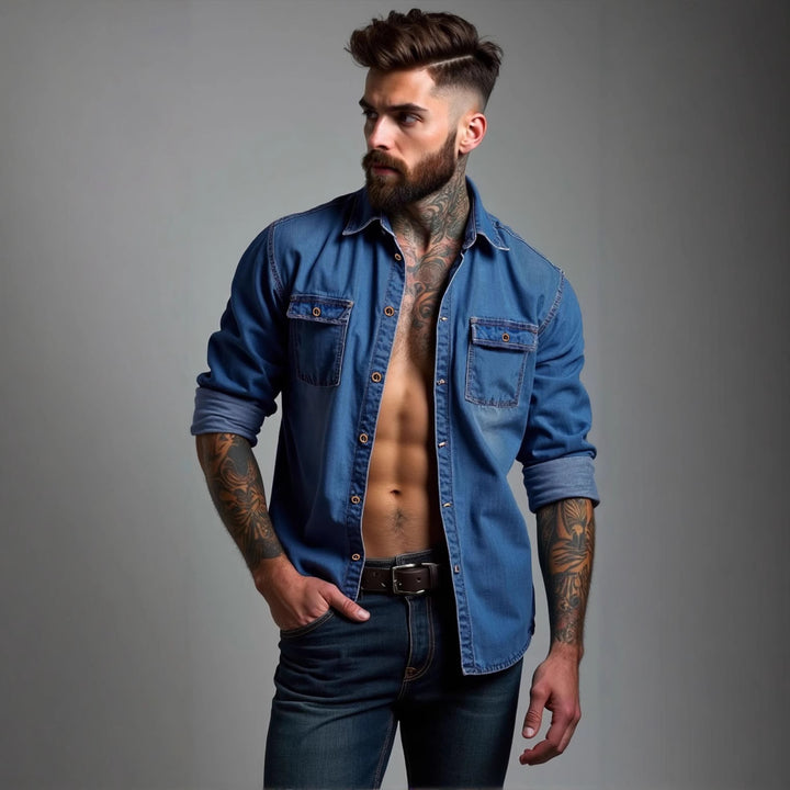 Herren lässige Denim-Hemdjacke mit zwei aufgesetzten Taschen Echoarchiv