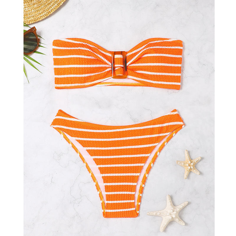 Damen Bandeau-Bikini-Set mit dekorativem Ring und verspieltem Streifenmuster Echo Archiv