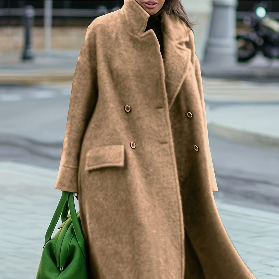 Damen nan Cape-ähnlicher doppelreihiger Wollmantel mit weitem Fall, hohem Stehkragen und Pattentaschen Echo Archiv