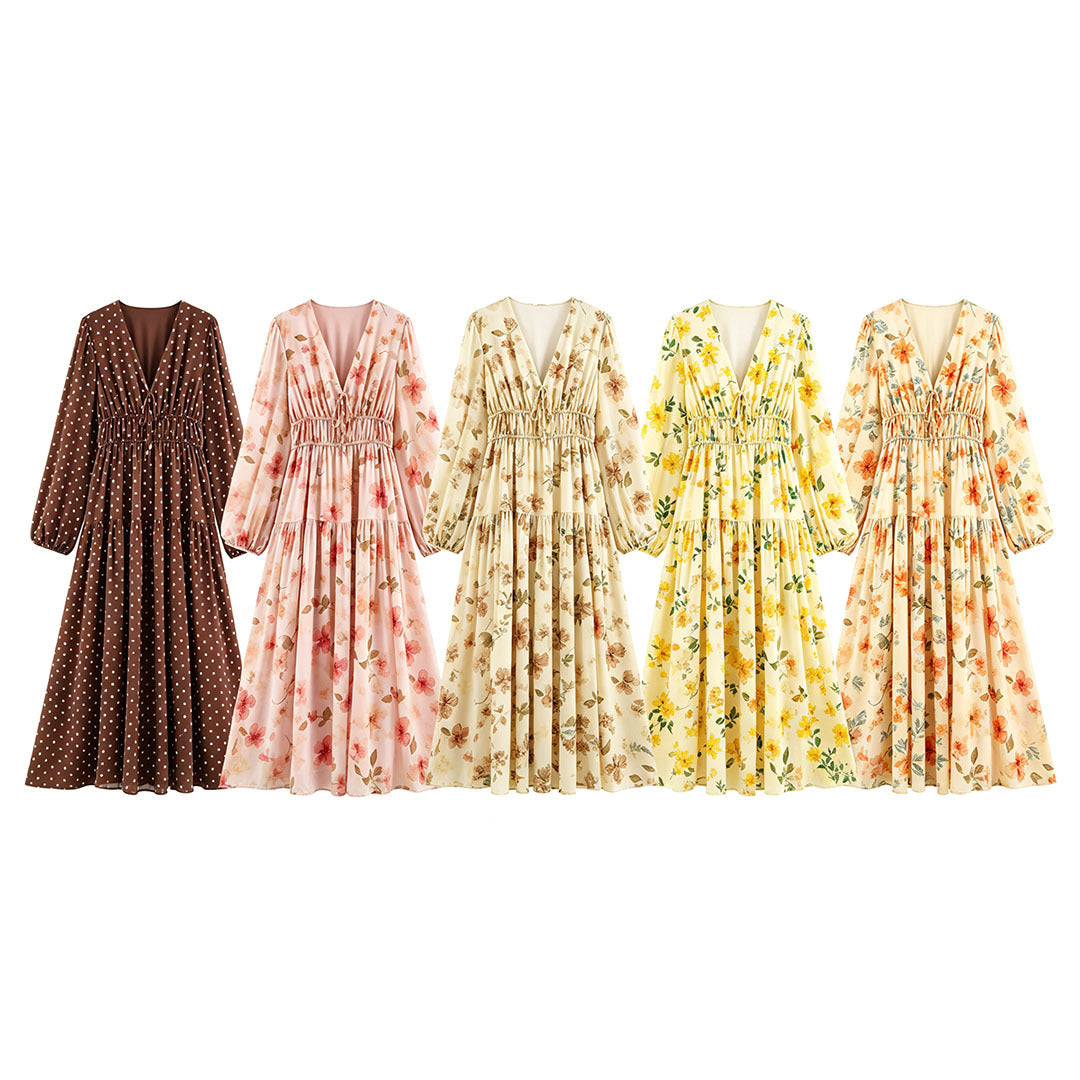 Damen Luftiges Chiffon-Midikleid mit tiefem V-Ausschnitt, geraffter Smock-Taille und Volantstufen Echo Archiv