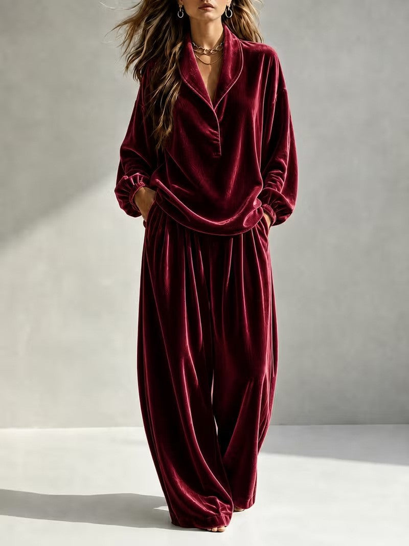 Damen Luxuriöses Velours-Loungewear-Set mit Schalkragen und weiter Palazzo-Hose Echoarchiv