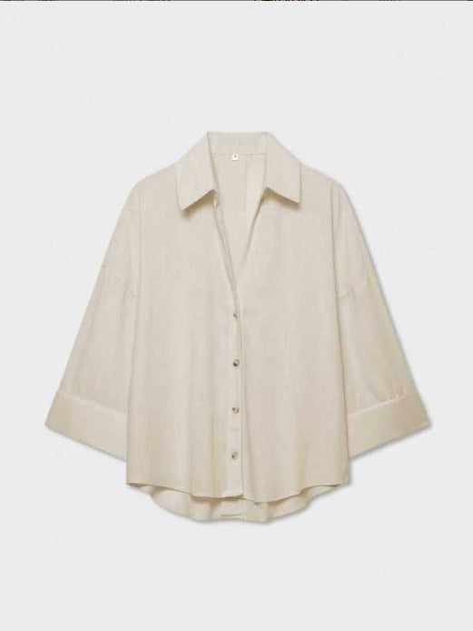 Damen Leichte Oversize Leinenoptik Bluse mit Dreiviertelärmeln und durchgehender Knopfleiste Echoarchiv