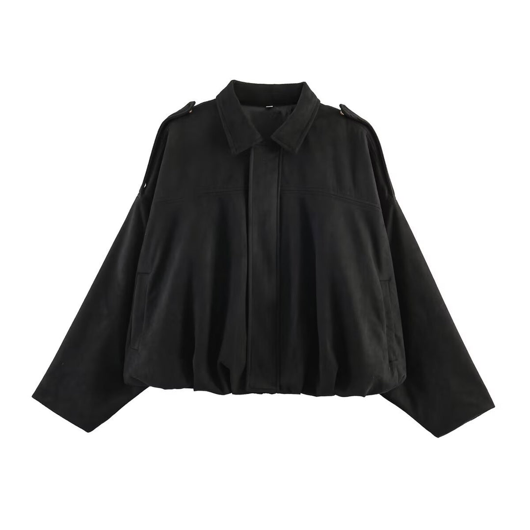 Damen Oversize-Suedejacke mit Schulterklappen, verdeckter Knopfleiste und elastischem Saum Echo Archiv
