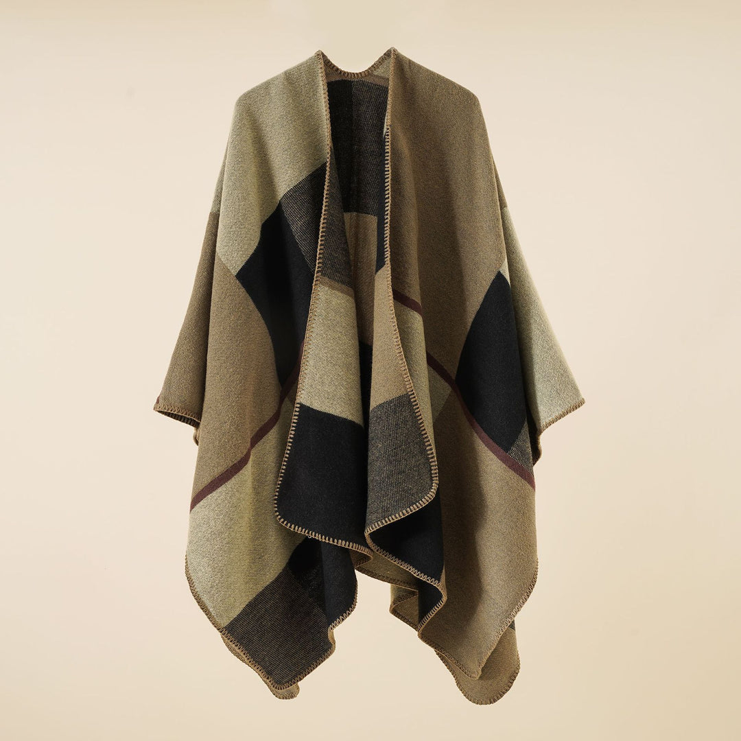 Damen Dreieckiger Strickponcho mit geometrischem Jacquardmuster und Ziernaht – Veloura