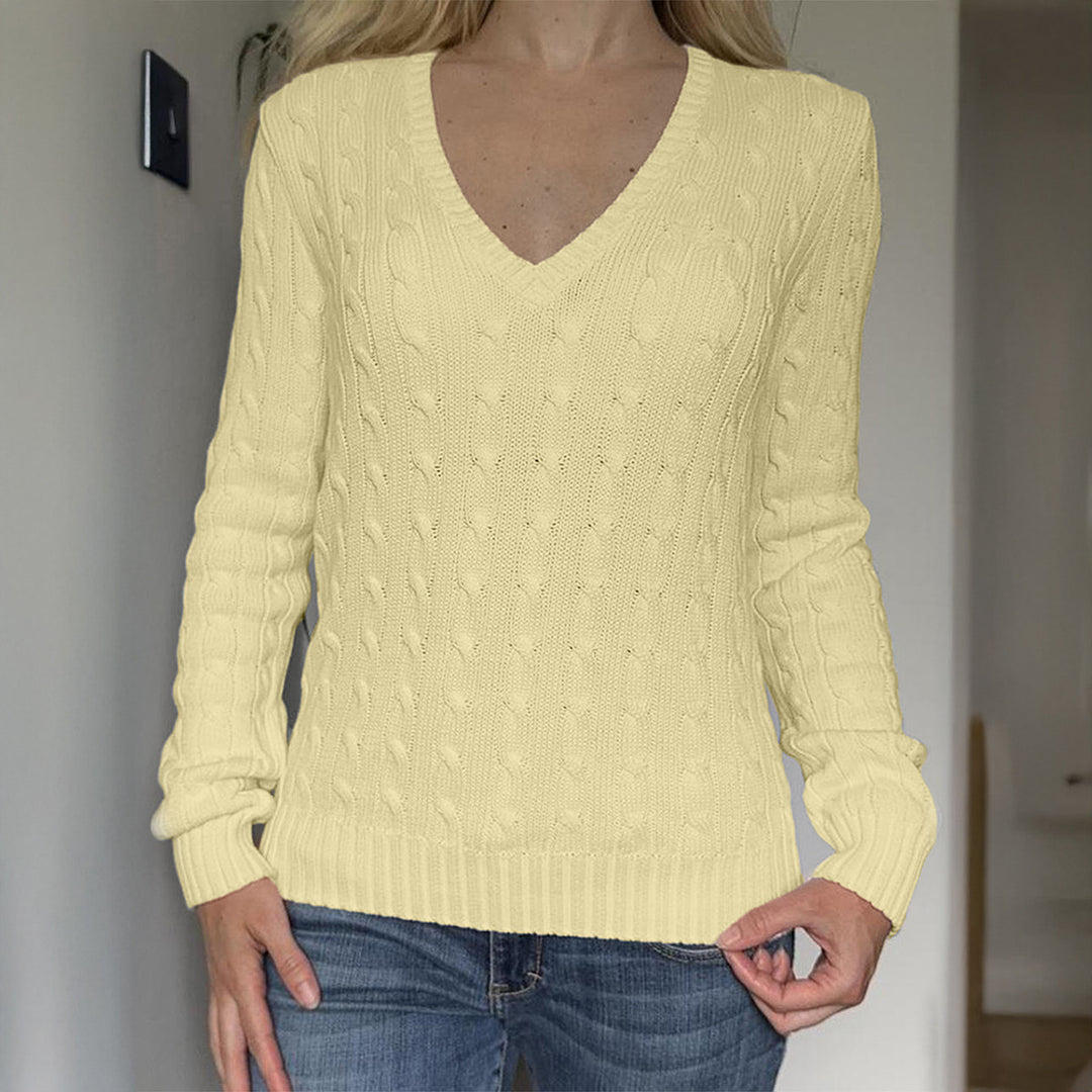 Damen Premium-Baumwollmix Zopfstrickpullover mit tiefem V-Ausschnitt und taillierter Silhouette – Mavelle
