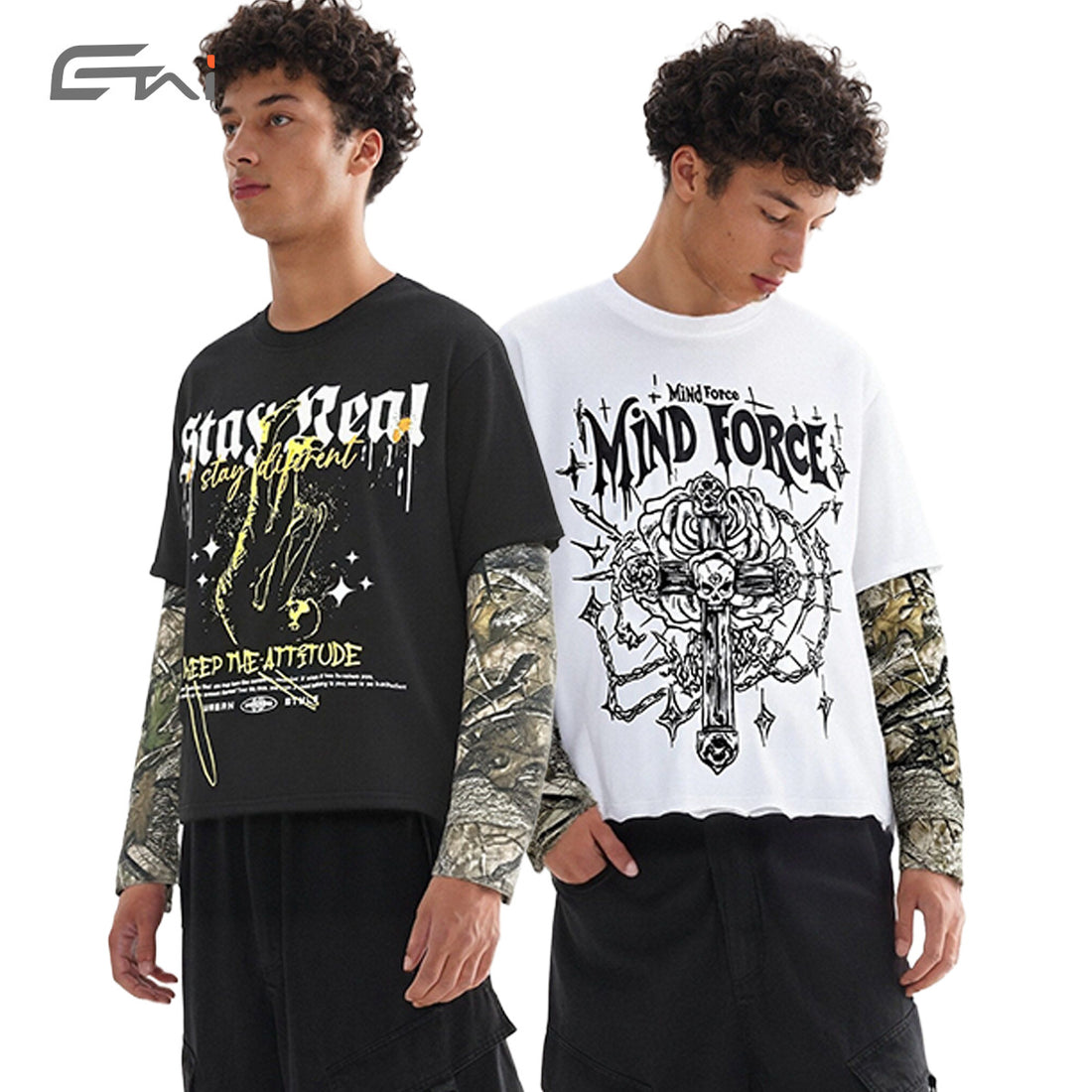 Herren Lagen-Langarm-T-Shirt mit Camouflage-Innensärmeln und Gothic-Print Echo Archiv