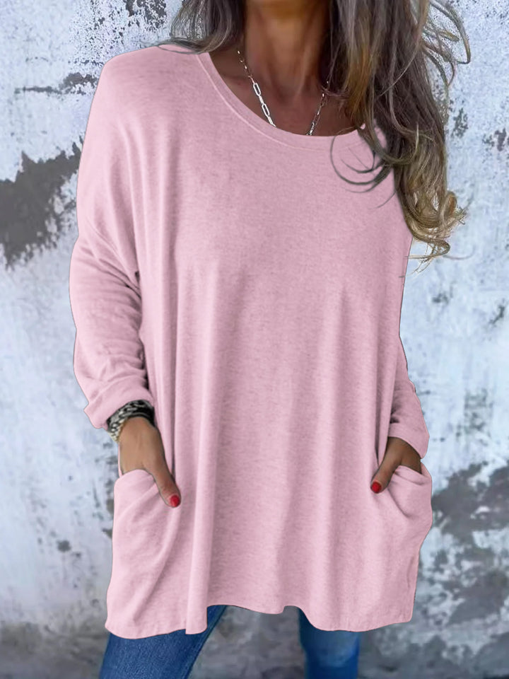 Damen Weiches Oversize Langarmshirt mit Rundhalsausschnitt, Lässigen Ärmeln und Seitentaschen – Avérine