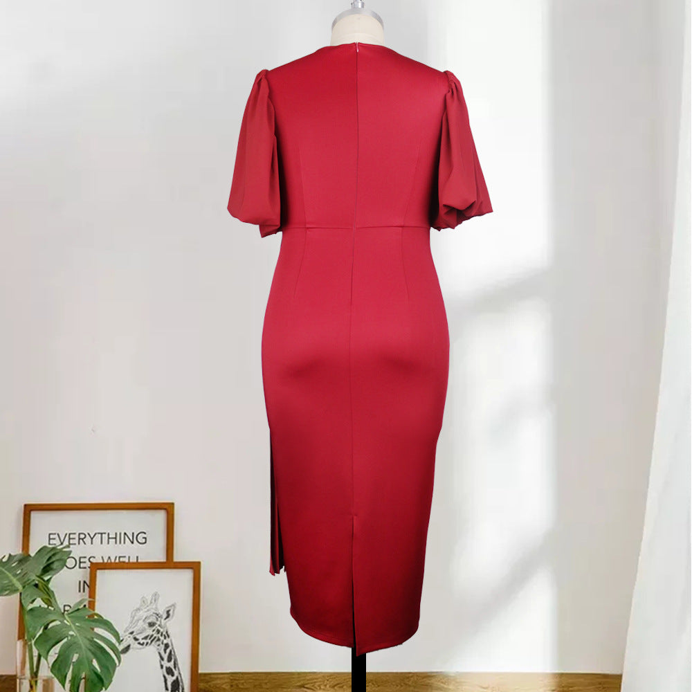 Damen elegantes Faltenkleid mit V-Ausschnitt und voluminösen Ärmeln Echo Archiv