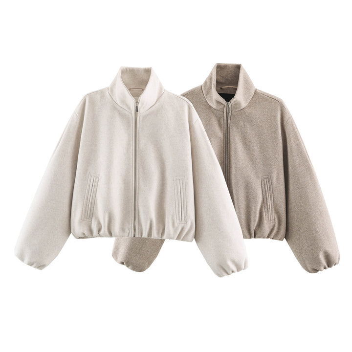 Damen Cropped Wolloptik‑Bomberjacke mit hohem Stehkragen und verdeckten Eingrifftaschen Echo Archiv
