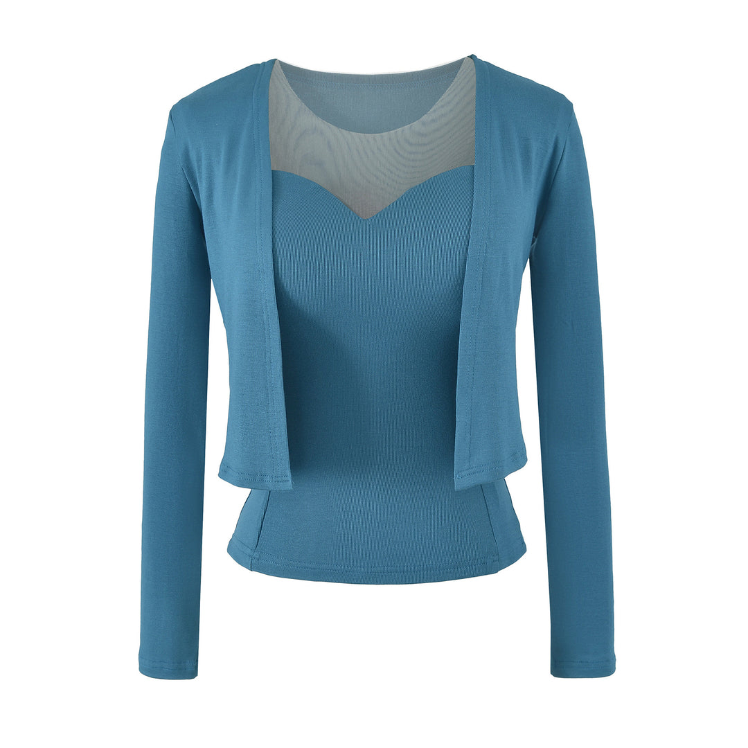 Damen Zweiteiliges Feinstrick-Top-Set mit Mesh-Einsatz und offenem Cardigan Echoarchiv