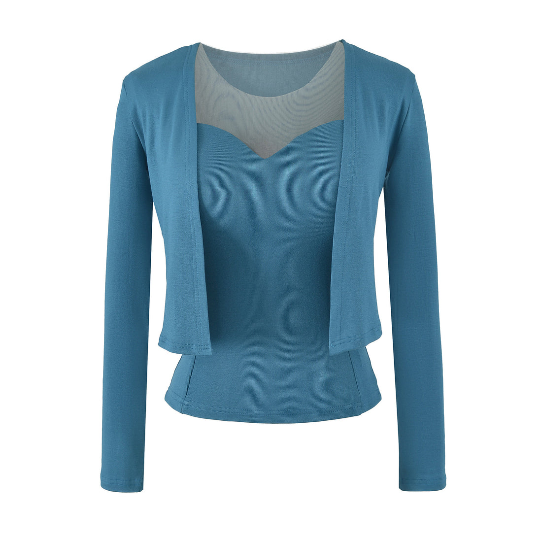 Damen Zweiteiliges Feinstrick-Top-Set mit Mesh-Einsatz und offenem Cardigan Echoarchiv