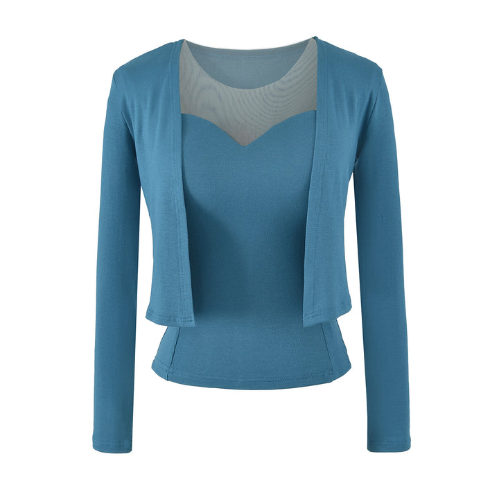 Damen Zweiteiliges Feinstrick-Top-Set mit Mesh-Einsatz und offenem Cardigan Echoarchiv