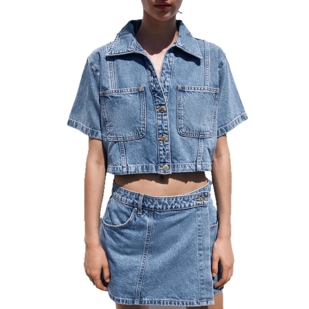 Damen kurz geschnittene Denim-Bluse mit zwei aufgesetzten Taschen Echo Archiv