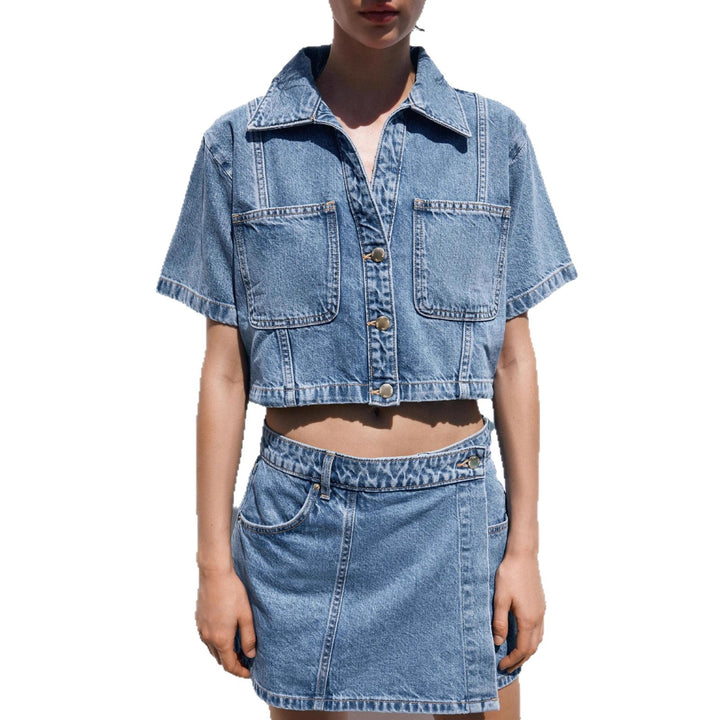 Damen kurz geschnittene Denim-Bluse mit zwei aufgesetzten Taschen Echo Archiv