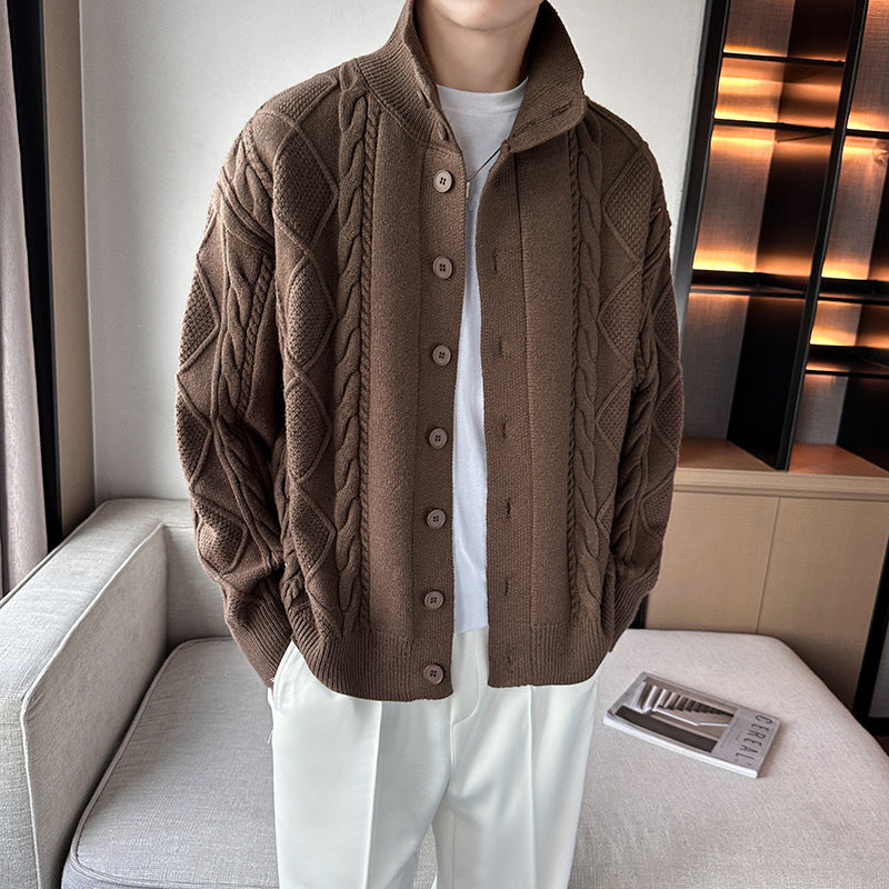 Herren Grobstrickpullover mit modernem Stehkragen und Knopfleiste Echoarchiv