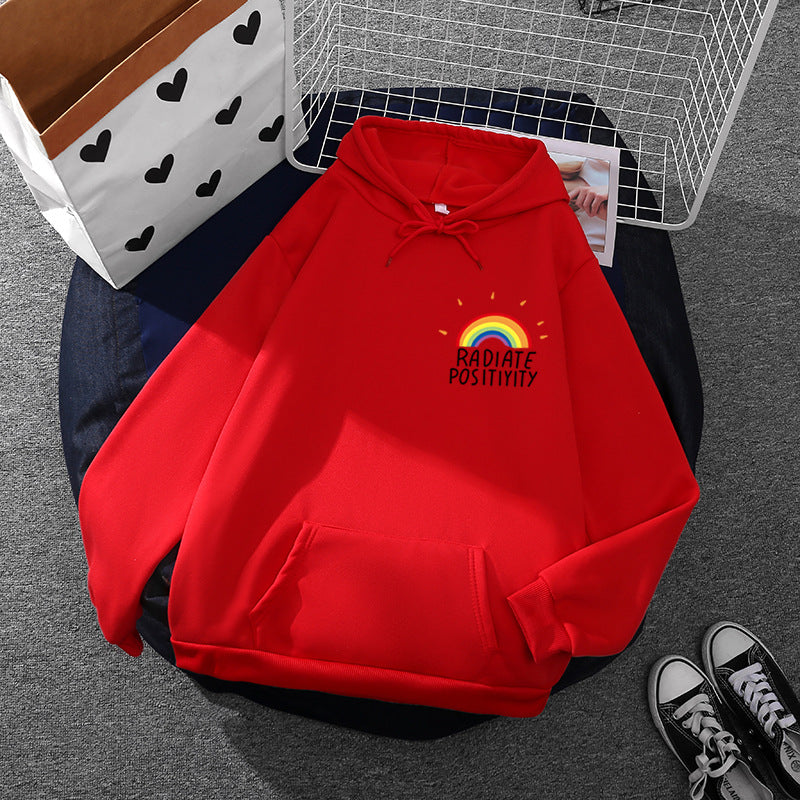 Damen lockerer Kapuzenpullover mit Regenbogen-Motiv, weichem Fleecefutter und Kängurutasche – Auréline