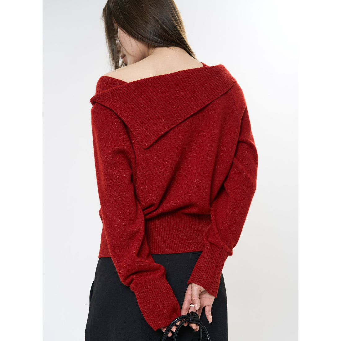Damen Schulterfreier Oversize-Rippstrickpullover mit umgeschlagenem Kragen Echoarchiv