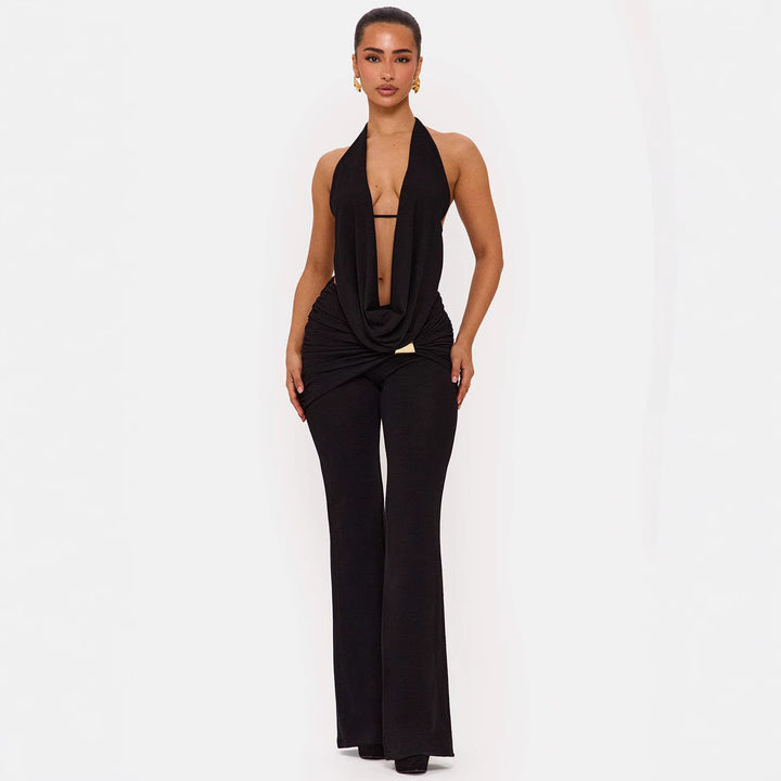 Damen elegantes, figurbetontes Jumpsuit mit tiefem Ausschnitt und weitem Bein Echo Archiv
