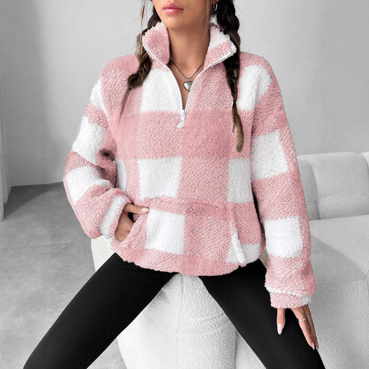 Damen nan kuscheliger Sherpa-Pullover mit Stehkragen, Half-Zip und Kängurutasche Echo Archiv