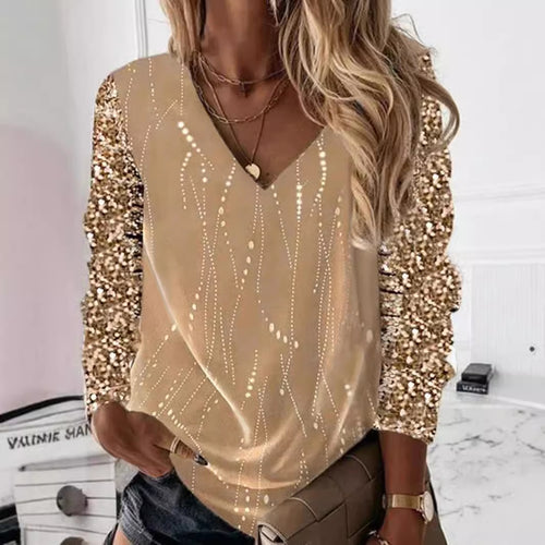 Damen Festliche V-Ausschnitt Bluse mit Paillettenärmeln und leichter Drapierung – Élovi