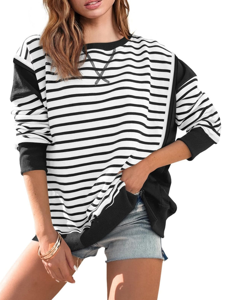 Damen Oversize Streifen-Sweatshirt mit Rundhalsausschnitt und Colorblock-Ärmeln – Avérine