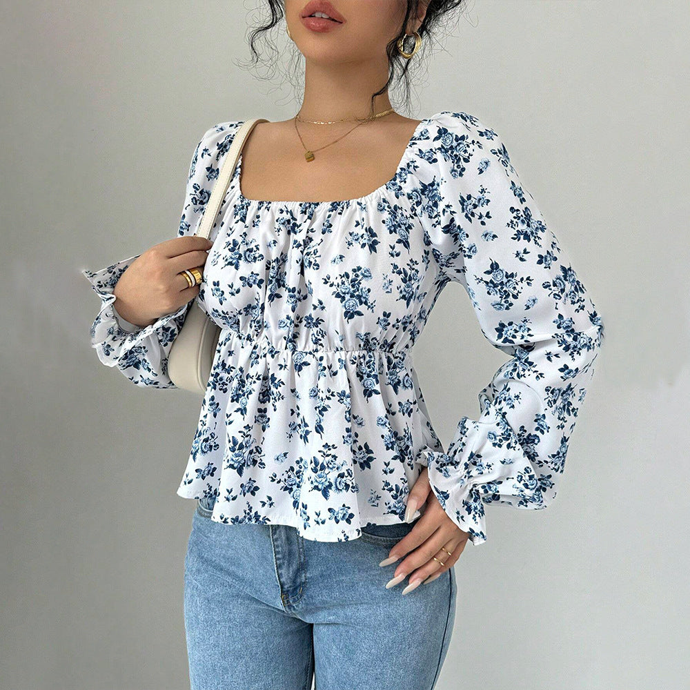 Damen geblümtes Carmen-Top mit geraffter Taillenlinie und Volant-Saum – Avérine