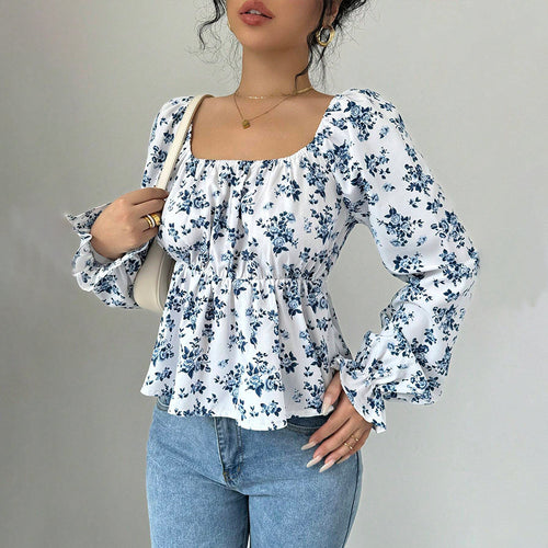 Damen geblümtes Carmen-Top mit geraffter Taillenlinie und Volant-Saum – Avérine