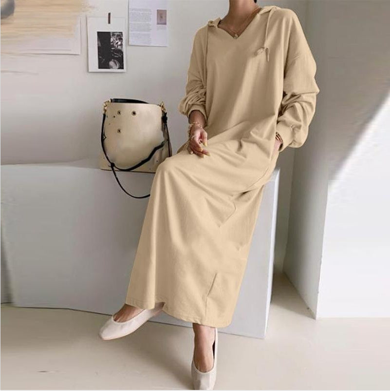 Damen nan lässiges Kapuzen-Maxikleid mit V-Ausschnitt, langen Ärmeln, lockerem geradem Schnitt und elastischen Bündchen Echo Archiv