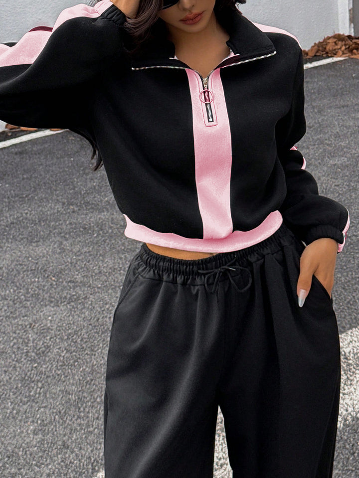 Damen kurzes Sweatshirt mit Halbreißverschluss und elastischer Bund Jogginghose Set – Avérine