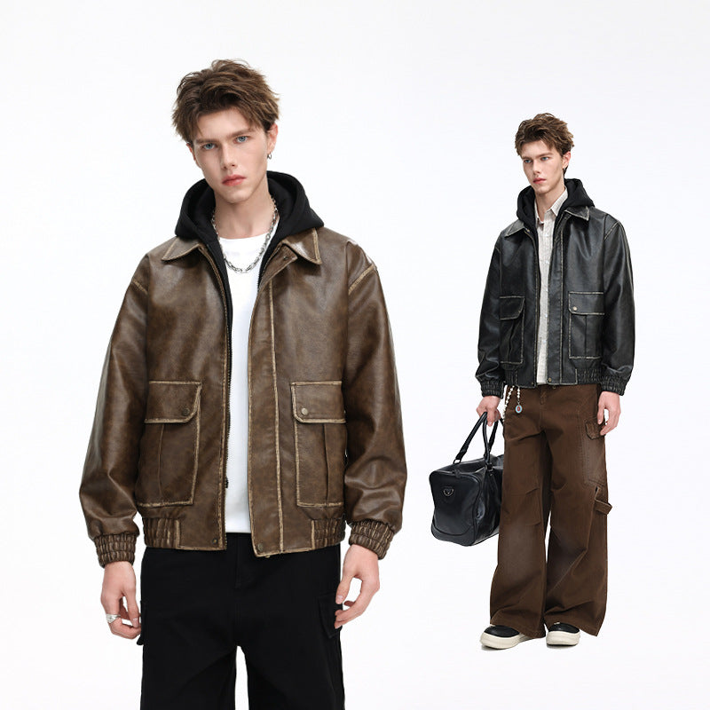 Herren Oversized Faux‑Leather Bomberjacke mit abnehmbarer Kapuze und Utility‑Taschen Echo Archiv