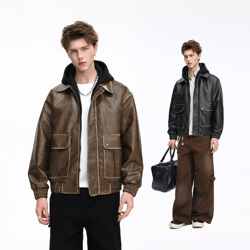 Herren Oversized Faux‑Leather Bomberjacke mit abnehmbarer Kapuze und Utility‑Taschen Echo Archiv