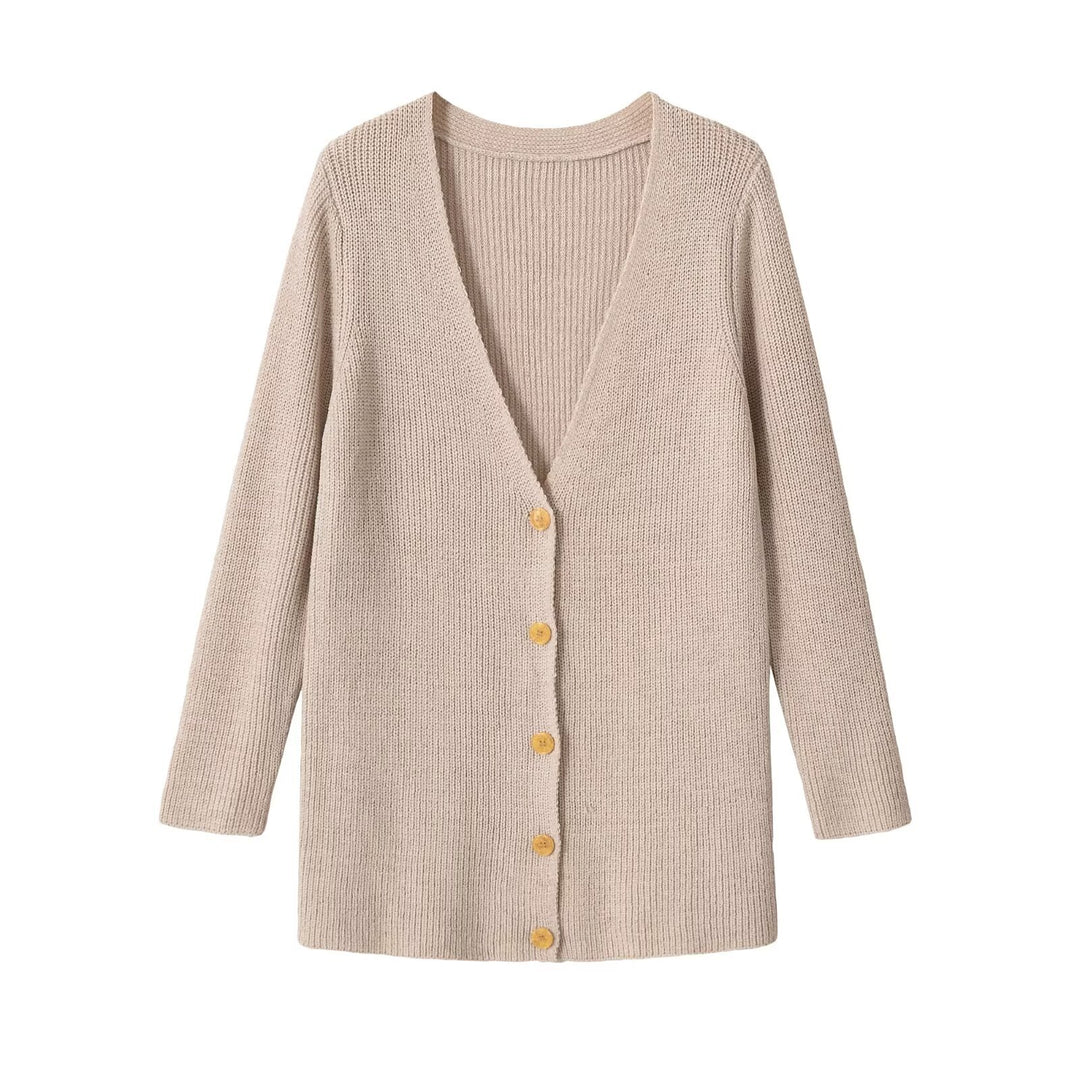 Damen Longline Strickcardigan mit V‑Ausschnitt und Holzknöpfen Echo Archiv