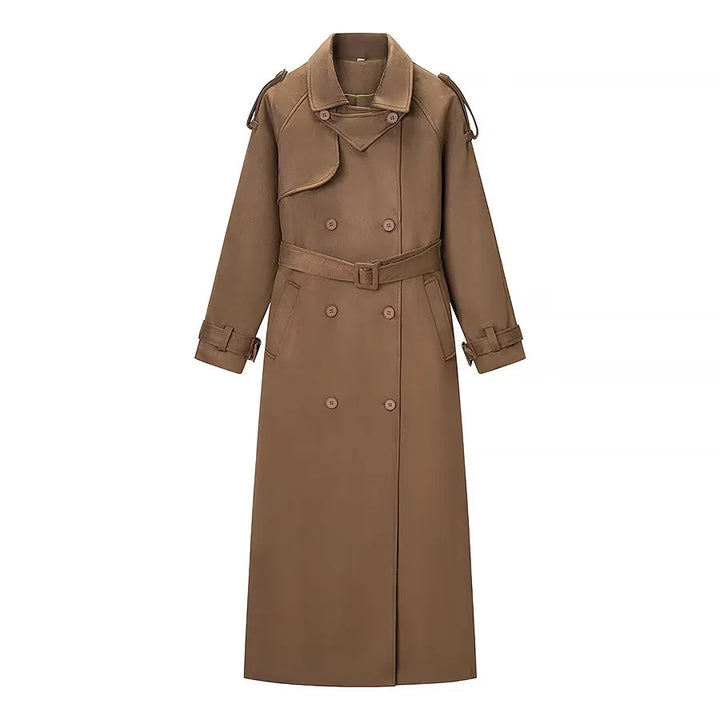 Damen langer Trenchcoat mit doppelt geknöpfter Front, Taillengürtel, Epauletten und Manschettendetail – Montévia