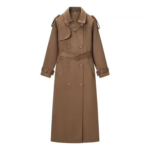 Damen langer Trenchcoat mit doppelt geknöpfter Front, Taillengürtel, Epauletten und Manschettendetail – Montévia