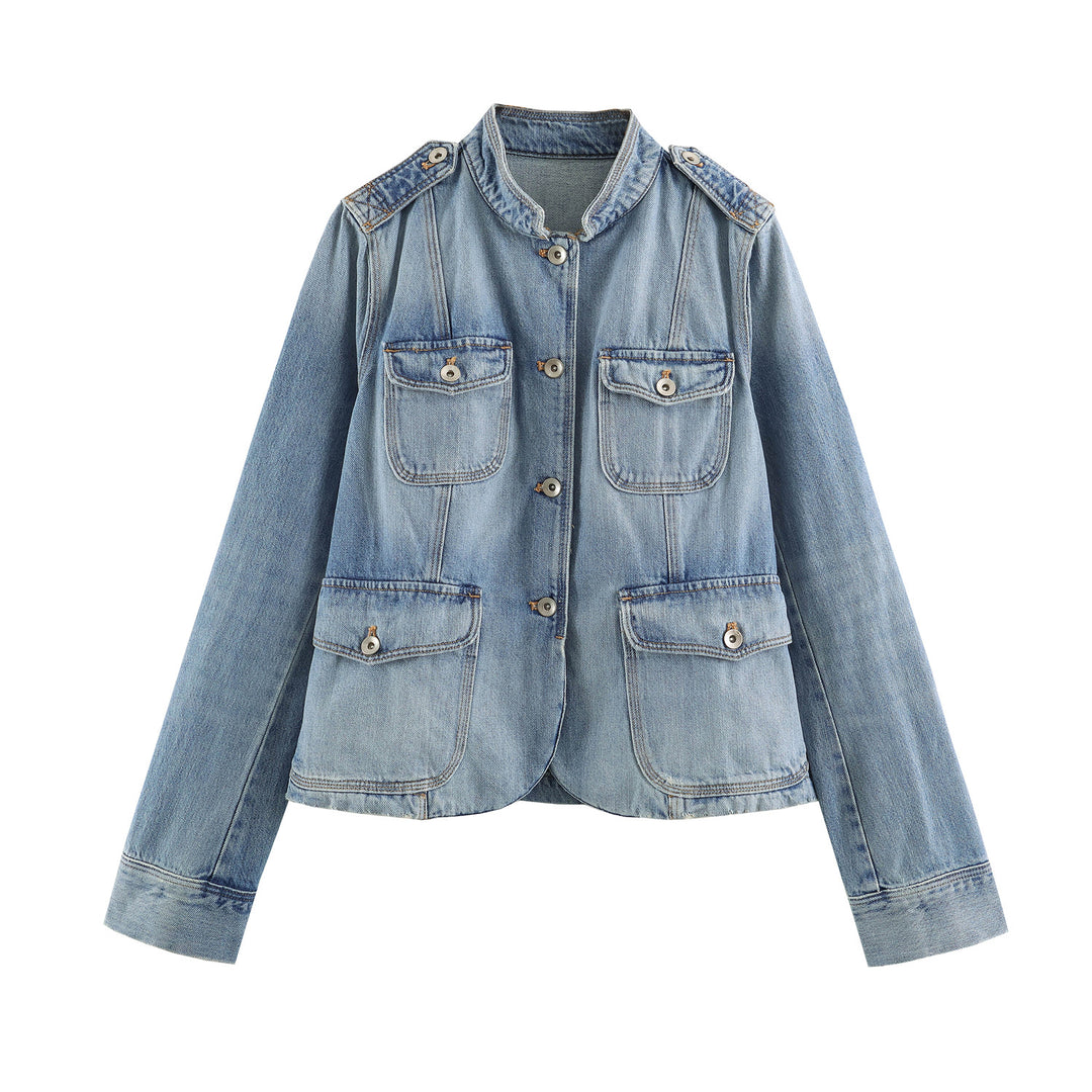 Damen nan leichte Denimjacke mit Stehkragen Schulterklappen und vier Pattentaschen Echo Archiv