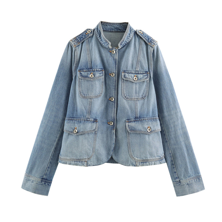 Damen nan leichte Denimjacke mit Stehkragen Schulterklappen und vier Pattentaschen Echo Archiv