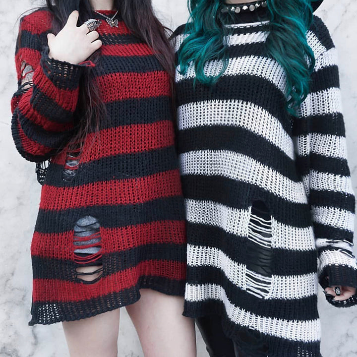 Damen nan Oversized Grobstrickpullover mit breiten Blockstreifen und aufgerissenem Design Echo Archiv