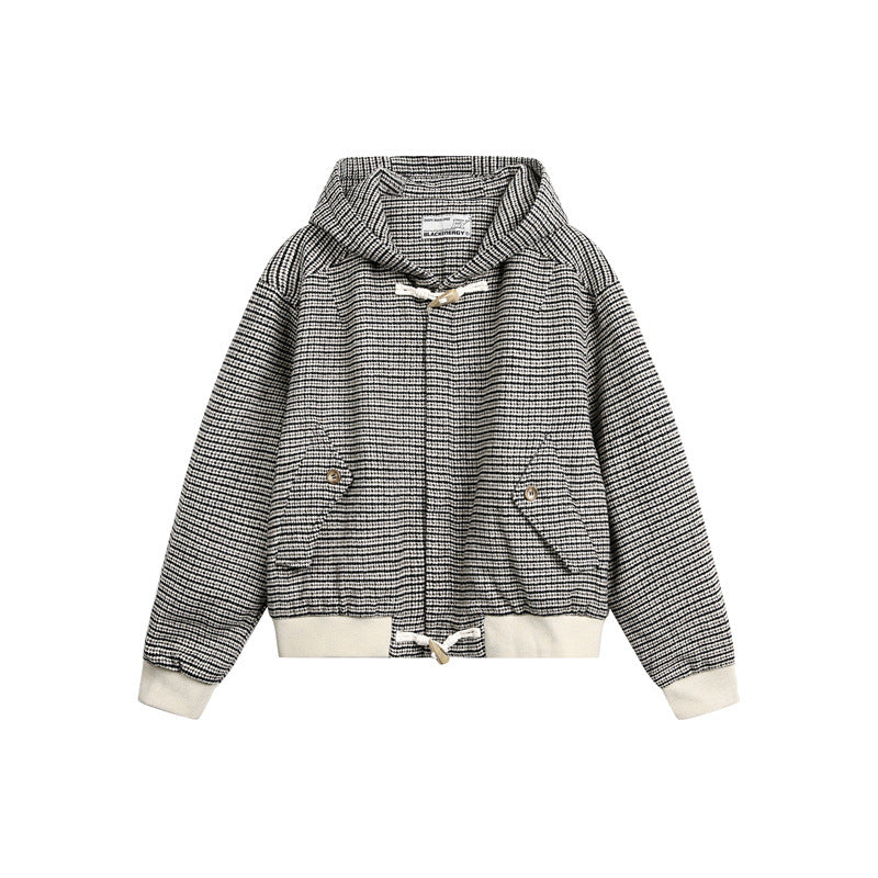 Unisex Kurz geschnittener Kapuzen-Blousonjacke im Strukturmix mit Knebelverschluss und Rippbündchen Echoarchiv