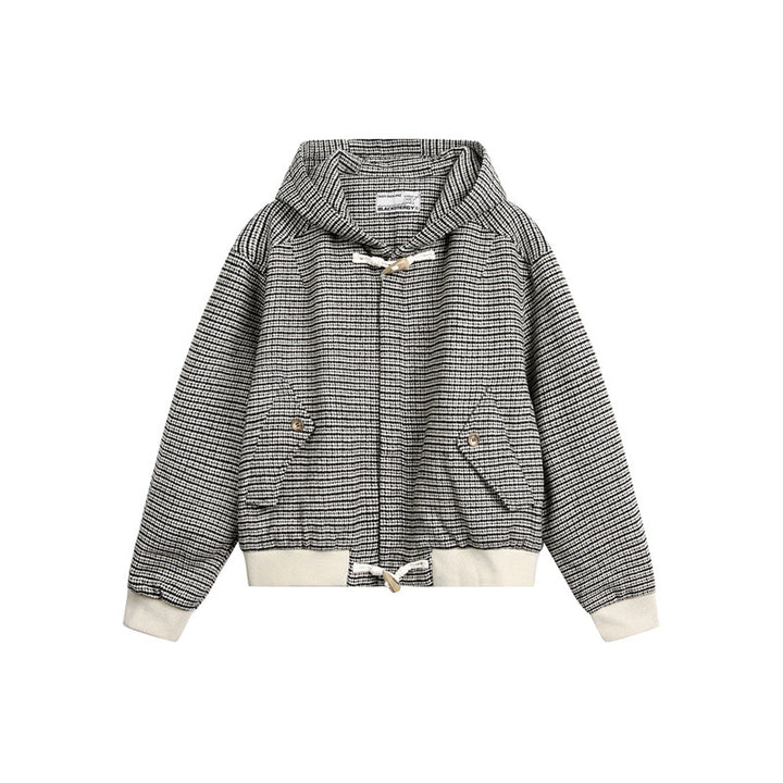 Unisex Kurz geschnittener Kapuzen-Blousonjacke im Strukturmix mit Knebelverschluss und Rippbündchen Echoarchiv