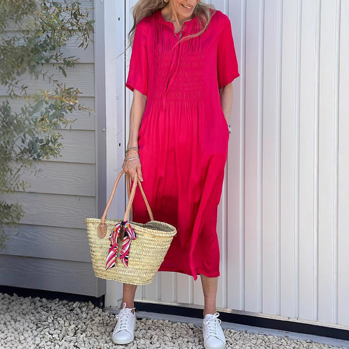 Damen nan lässiges Midikleid mit geraffter Brustpasse, filigratem Schlupfkragen, Bindeband und Seitentaschen Echo Archiv