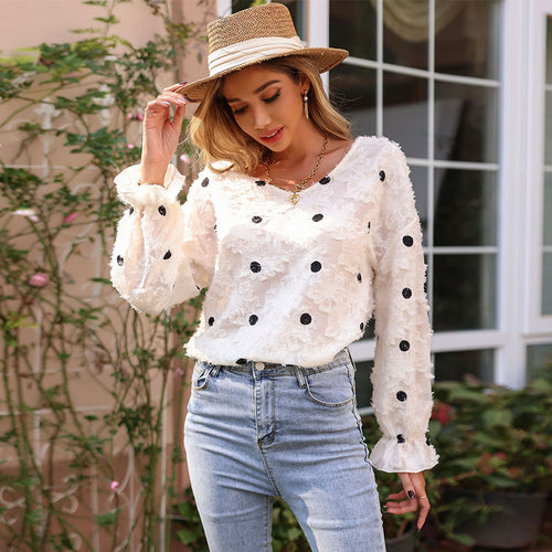 Damen Texturiertes V-Ausschnitt-Blusenshirt mit Fransenstruktur und Punkteapplikation Echoarchiv