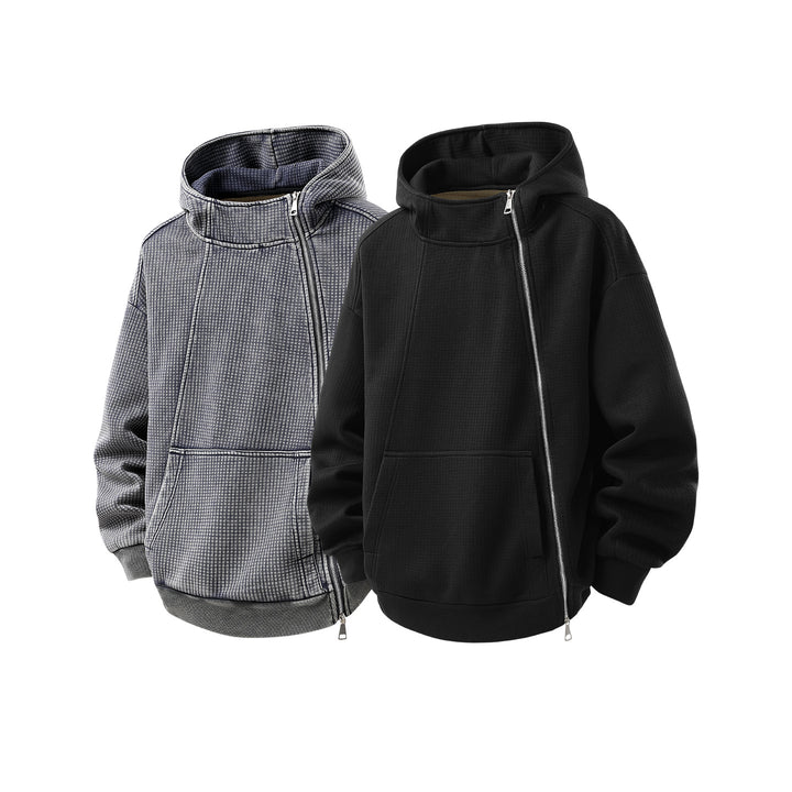 Unisex Asymmetrischer Kapuzenpullover mit hohem Kragen, diagonalem Reißverschluss und Kängurutasche Echo Archiv