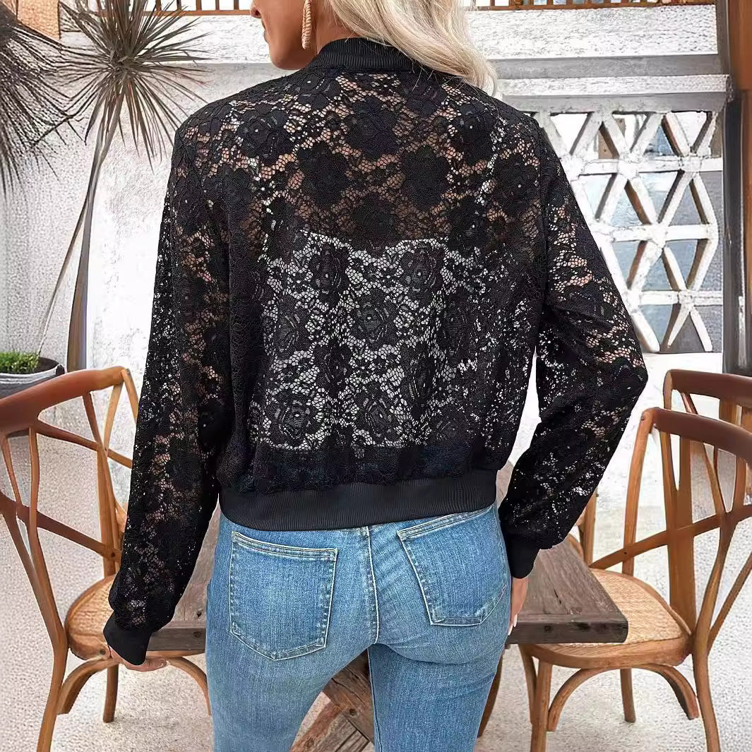Damen nan Spitzen-Bomberjacke mit Reißverschluss, Rippbündchen und floraler Transparenz Echo Archiv