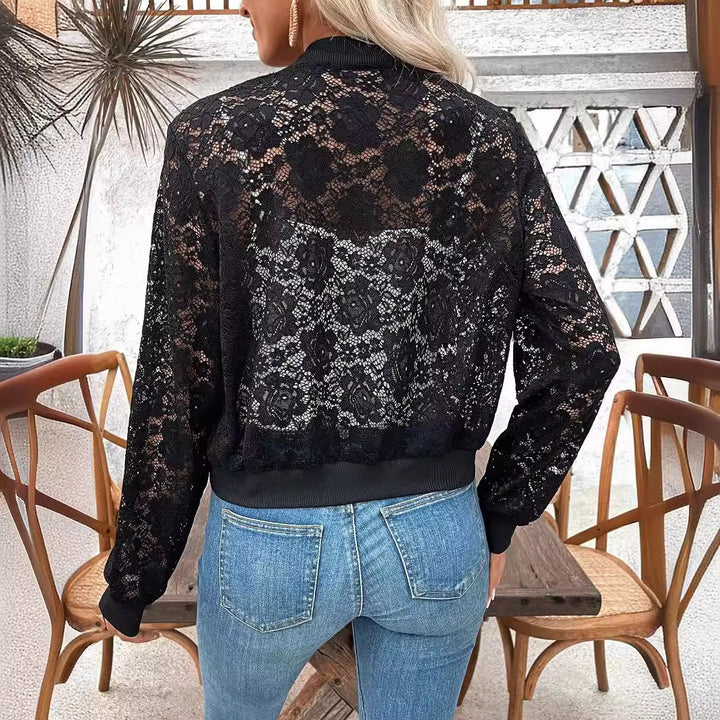 Damen nan Spitzen-Bomberjacke mit Reißverschluss, Rippbündchen und floraler Transparenz Echo Archiv