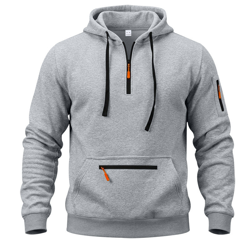 Herren sportlicher Kapuzenpullover mit halbem Reißverschluss und verschließbarer Kängurutasche – Cavarno